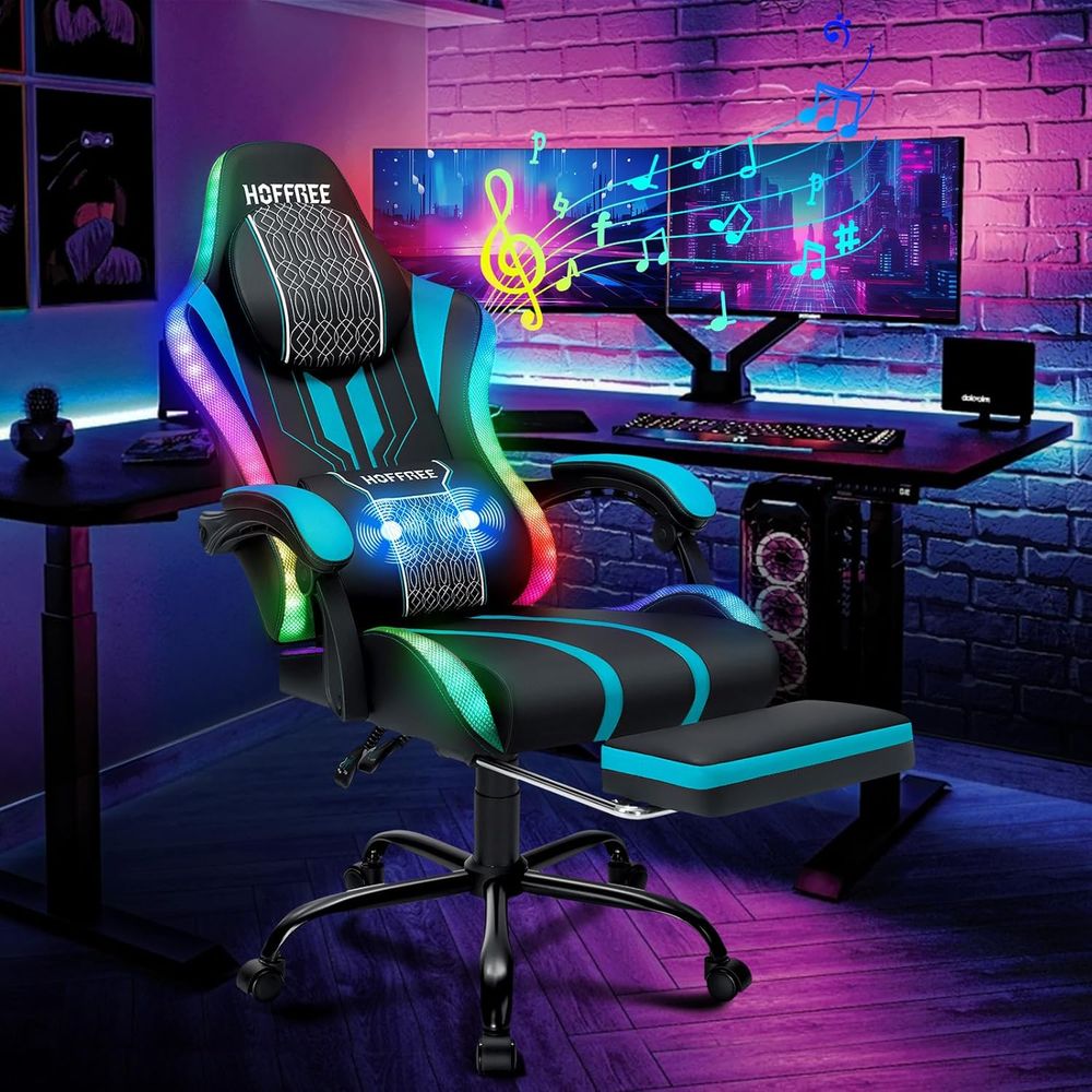 Massage - เก้าอี้เกมมิ่งพร้อมไฟ LED ลำโพง ระบบนวด เก้าอี้คอมพิวเตอร์ขนาดใหญ่พิเศษ-สีน้ำเงิน |
