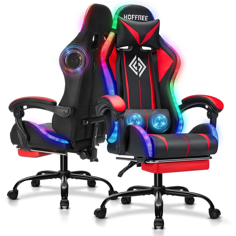 Massage - เก้าอี้เกมมิ่ง RGB พร้อมลำโพงบลูทูธและไฟ LED เก้าอี้เกมคอมพิวเตอร์เพื่อสุขภาพพร้อมที่วางเท้า พนักพิงสูง