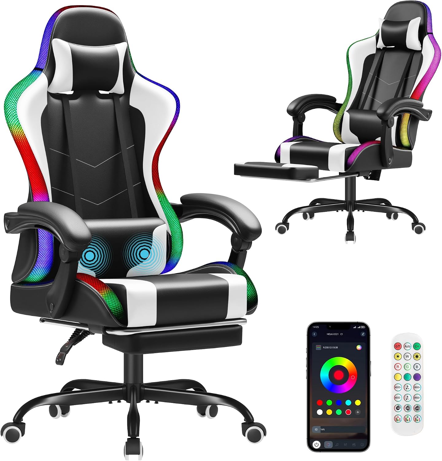 Massage - เก้าอี้เกมมิ่ง Homall, เก้าอี้คอมพิวเตอร์ตามหลักสรีรศาสตร์, รองรับการนวดบริเวณหลังส่วนล่าง, ไฟ RGB