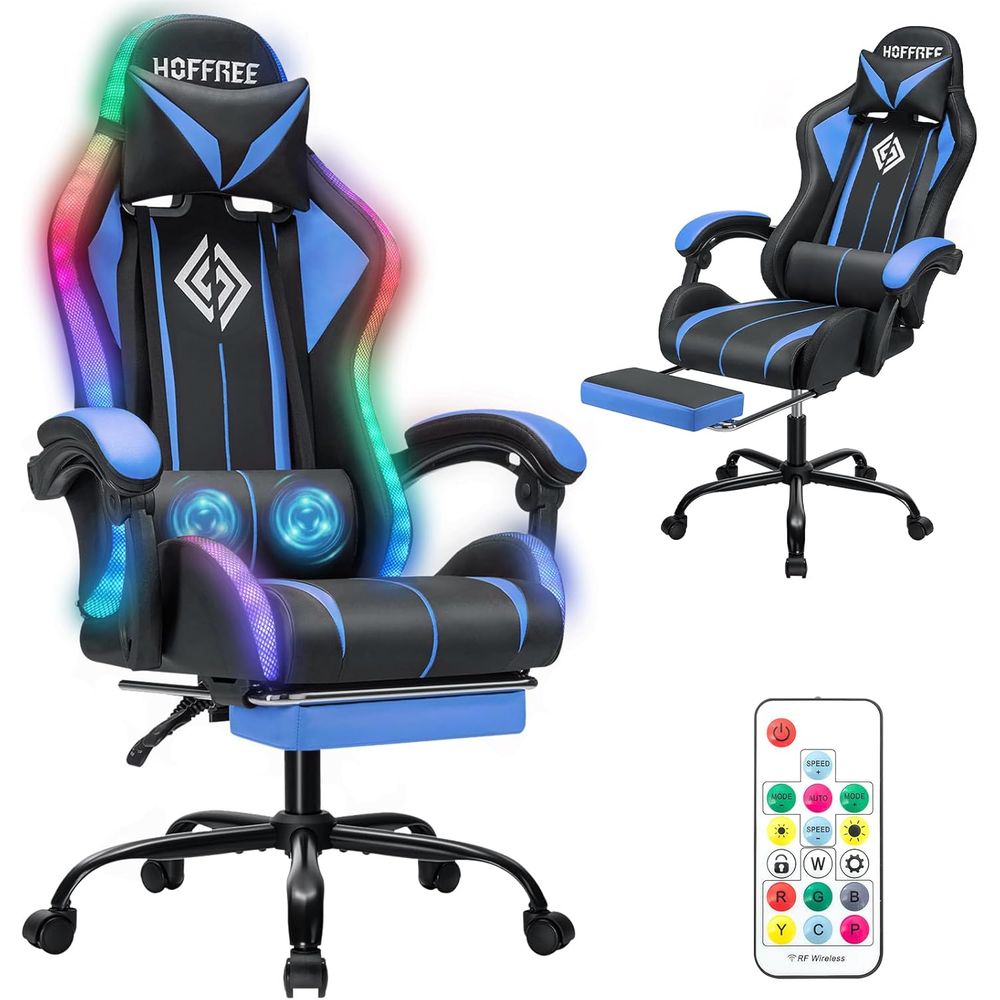 Massage - เก้าอี้เกมมิ่ง LED พร้อมไฟ RGB นวดตัว เก้าอี้เกมคอมพิวเตอร์-สีน้ำเงิน